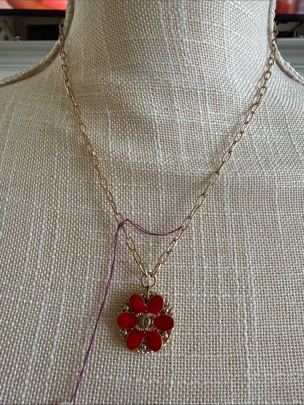 18” Gold-Tone Necklace with Red CHANEL Button Enamel Flower Pendant
